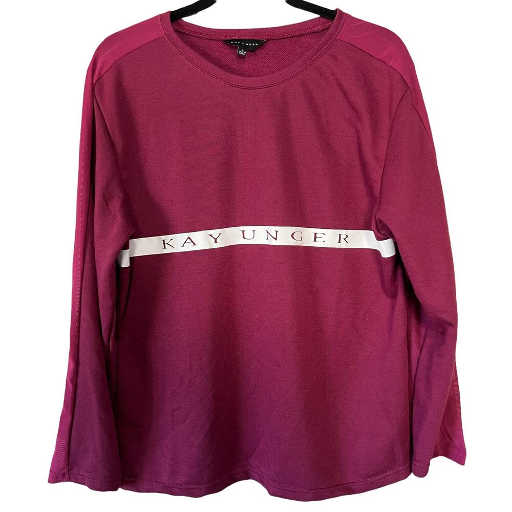 Kay Unger Brand Logo Mesh Arm Insert Long Sleeve Sweatshirt Womens Large New